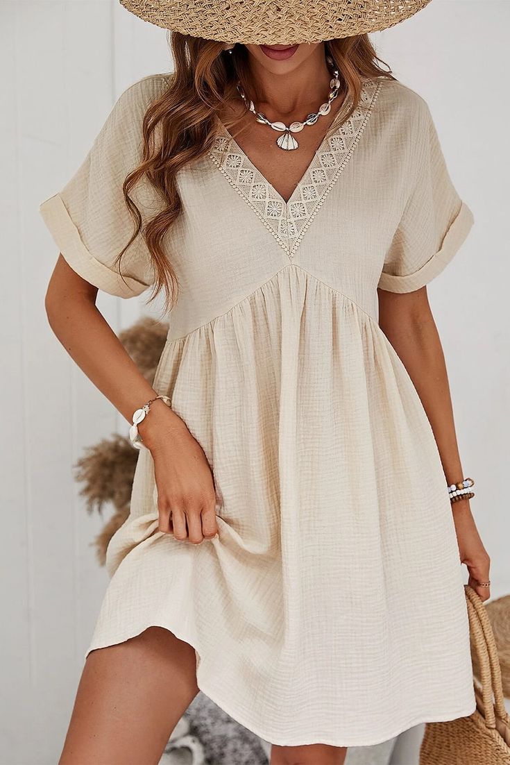 Get ready for summer with the Maddie Lace Dress! Made of lightweight cotton, this dress is perfect for warm weather. Its cute design and easy fit make it a must-have for any summer wardrobe. Pre-order now - it will ship on 4/27. Fit: True Mason Jar Sizing (0-4 Small, 6-8 Medium, 10-12 Large, 14 XL) Material: 100% Cotton Summer V-neck Relaxed Fit Dress, Flowy Cotton Boho Dress With V-neck, Beige Boho Mini Dress For Vacation, Beige Mini Boho Dress For Vacation, Relaxed Fit V-neck Mini Dress For Vacation, Beige V-neck Sundress For Day Out, Beige V-neck Summer Mini Dress, Breezy V-neck Sundress For Daywear, Cotton V-neck Beach Dress For Day Out