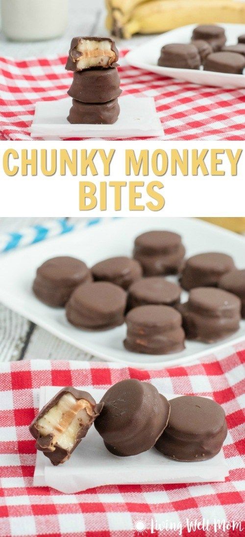 chocolate covered candy bites on a plate with the words chunky monkey bites above them