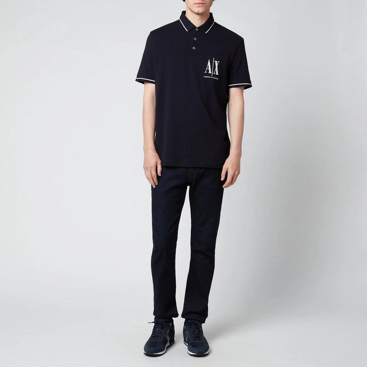 Made from soft pima cotton, the Armani Exchange polo shirt is detailed with contrasting ‘AX’ logo embroidery on the chest. Designed with a three-button placket and contrasting tipping on the ribbed polo collar and cuffs..100% Cotton Collared Cotton Polo Shirt With Logo, Cotton Collared Polo Shirt With Logo, Casual Cotton Polo Shirt With Logo Detail, Casual Cotton Polo Shirt With Logo, Ax Logo, Armani Exchange Men, Logo Embroidery, Polo Collar, Armani Exchange