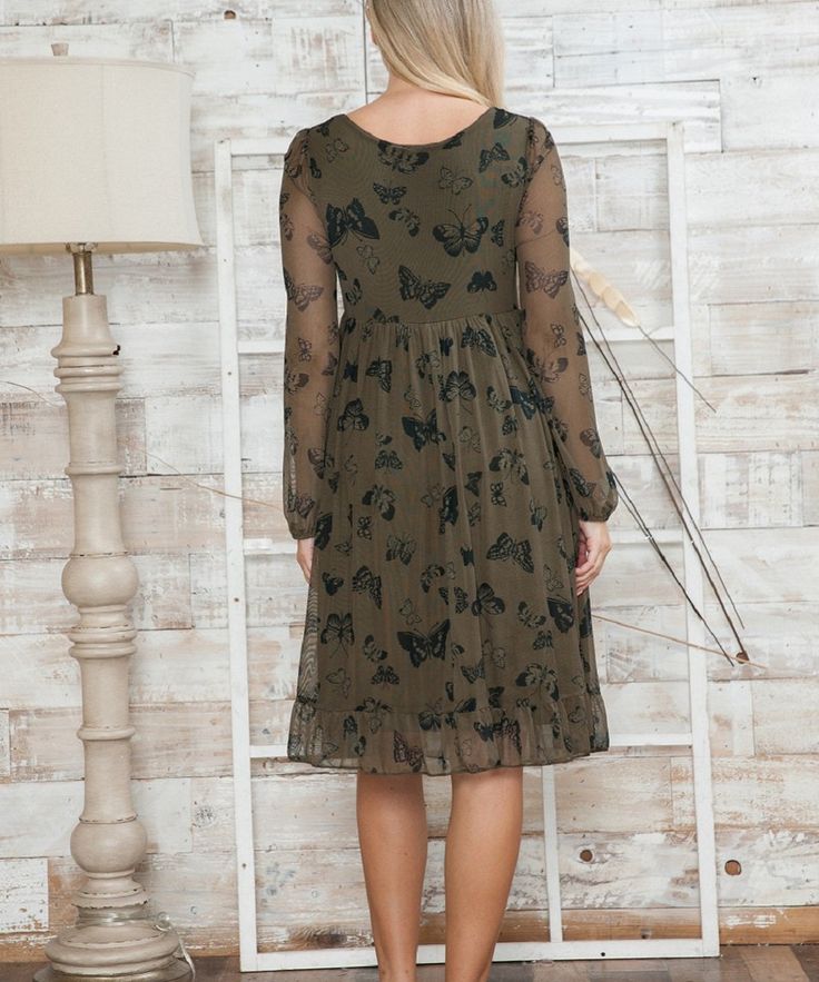 What a beautiful way to welcome spring! This feminine butterfly shift dress makes a fashion statement with a v-neck cinch front with cutout, sheer arms, and ruffle bottom. Perfect for a spring baby shower! Colors: Olive Green, Rust 96% Polyester, 4% Spandex Size: S (0-4), M (6-8), L (12-14), XL (16-18) Questions? Use the chat icon to connect with a stylist! Chic Sheer Spring Dress, Chic Spring Sheer Dress, Chic Sheer Midi Dress For Spring, Spring Sheer Midi Dress, Spring Chic Sheer Dress, Spring Garden Party Dress With Sheer Sleeves, Spring Party Dress With Butterfly Print, Spring Butterfly Print Party Dress, Casual Sheer Dress For Spring