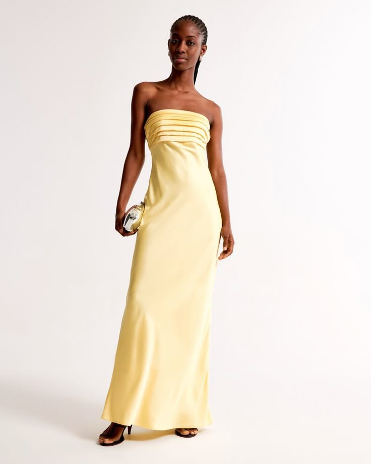 Flattering strapless longer-length maxi dress in our shiny satin fabric, featuring ruching details along the bodice and a slim maxi-length skirt. This dress runs long. Yellow Bridesmaid Dresses Long, Yellow Prom Dresses Long, Yellow Satin Prom Dress, Yellow Gown, 2025 Wedding, Bridesmaid Ideas, Yellow Bridesmaid Dresses, Bridesmaid Inspiration, Abercrombie And Fitch Dresses