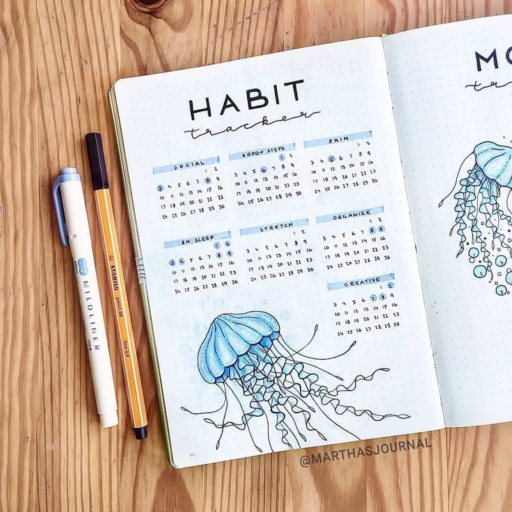 Martha's journal on Instagram: “Jellyfish are so fun to draw! 💙 (Also why is there no jellyfish emoji? 😕) • • • • #bulletjournal #bujo #bulletjournaling #bulletjournals…” February Bullet Journal, Jellyfish Craft, Habit Tracker Bullet Journal, Bullet Journal Spreads, Bullet Journal Cover Page, Bullet Planner, Fun To Draw, Bullet Journal Mood, Bullet Journal Notebook