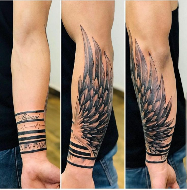 three different views of a man's arm with an eagle tattoo design on it