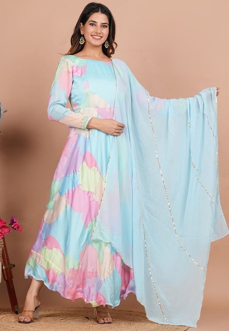 Readymade Satin Georgette A Line Kameez in Sky Blue and Multicolor. This Round Neck and Full Sleeves attire with Cotton Lining is Enhanced With Pockets, Side Zip, Golden Zari Lines, Digital Print and Gota Lace Border Available with a Shantoon Churidar in Sky Blue and a Faux Chiffon Dupatta in Sky Blue The Kameez and Bottom Lengths are 54 and 52 inches respectively Do Note: Accessories shown in the image are for presentation purposes only and length may vary upto 2 inches.(Slight variation in act A Line Kameez, A Line Suit, Mens Festival Wear, Pakistani Sharara Suit, Party Wear Dresses Indian, Indowestern Lehenga, Indian Party Wear Dresses, Pakistani Sharara, Wedding Outfits Indian