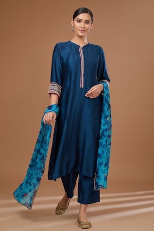 Blue chanderi silk kurta with placed bead embroidery. Comes with matching pant and tie-dye pattern dupatta. - Aza Fashions Blue Slub Silk Churidar For Wedding, Blue Cotton Silk Churidar With Dabka Work, Blue Cotton Silk Churidar With Traditional Drape, Blue Slub Silk Traditional Wear For Festive Occasions, Blue Raw Silk Churidar For Navratri, Festive Blue Slub Silk Traditional Wear, Unstitched Blue Tissue Silk Kurta, Designer Blue Slub Silk Dupatta, Blue Bollywood Style Salwar Kameez In Slub Silk