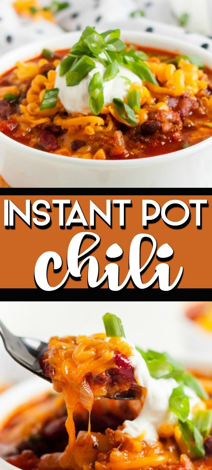 instant pot chili with cheese and sour cream on top is shown in two different images