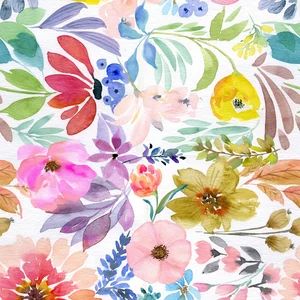 watercolor flowers and leaves are painted on white paper with blue, pink, yellow, green