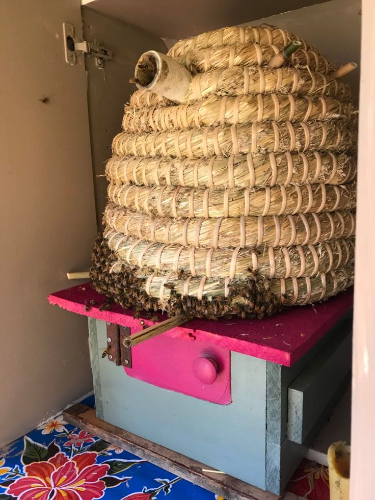 a beehive sitting on top of a wooden box