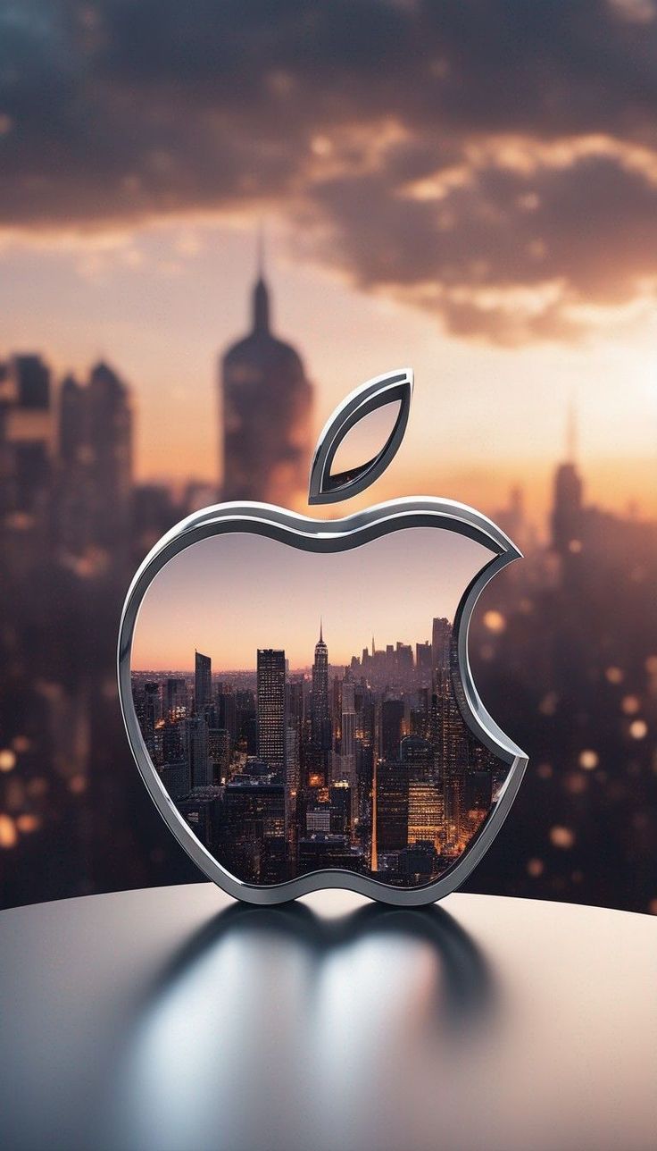 an apple logo on top of a table in front of a city