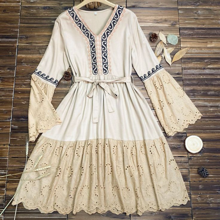 Women's Boho Dress V-Neck Embroidery Floral Bohemian Dress Lace Elegant Dress Bohemian V-neck Maxi Dress With Lace Patchwork, Fall V-neck Dress With Embroidered Hem, Traditional V-neck Boho Dress For Spring, Bohemian Maxi Dress With Lace Patchwork And V-neck, Bohemian Long Sleeve Dress With Lace Trim, Bohemian V-neck Dress For Fall, Embroidered Beige Fall Dresses, Fall Embroidered Beige Dress, Long Sleeve Embroidered Beige Dress