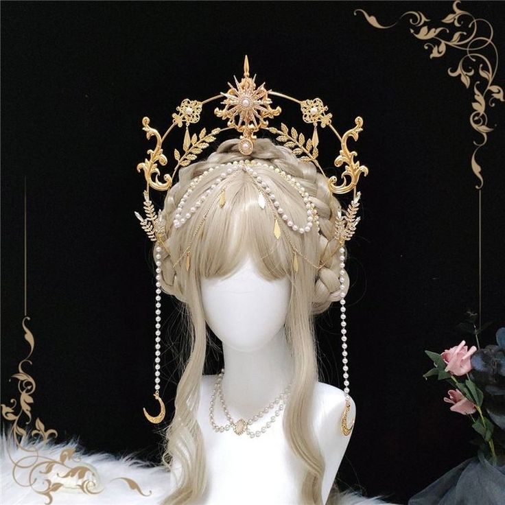 Gothic Goddess, Gold Halo Crown, Crown Aesthetic, Halo Crown, Cosplay Hair, Kawaii Hairstyles, Headpiece Jewelry, Crown Headband, Gold Halo