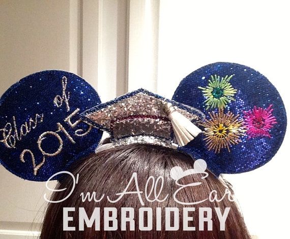 there is a woman with her hair in a mouse ears headband that says, i'm all ears embroiderry