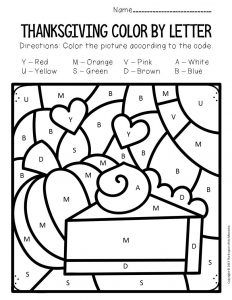 the thanksgiving color by letter worksheet is shown in black and white with hearts