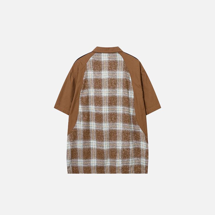 Introducing the exquisite Patchwork Plaid Splicing Color Shirt - crafted with premium cotton and featuring a stylish turn-down collar. DETAILSMaterial: CottonCollar: Turn-down Collar Brown Short Sleeve Workwear Shirt, Short Sleeve Patchwork Shirt For Work, Workwear Short Sleeve Patchwork Shirt, Collared Cotton Tops With Contrast Color, Cotton Collared Tops With Contrast Color, Relaxed Fit Collared Patchwork Shirt, Casual Collared Tops With Splicing, Brown Cotton Polo Collar Shirt, Summer Patchwork Workwear Shirt