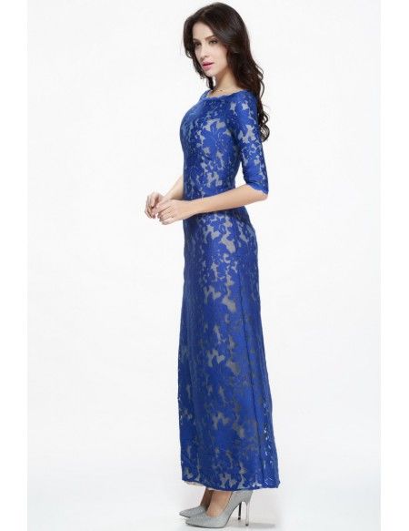 Fashionable Royal Blue Long Lace 1/2 Sleeved Dress Fitted Floor-length Lace Dress For Banquet, Fitted Half Sleeve Blue Maxi Dress, Blue Fitted Half Sleeve Maxi Dress, Fitted Blue Maxi Dress For Banquet, Blue Fitted Maxi Dress For Banquet, Blue Fitted Maxi Dress With Half Sleeves, Full Length Blue Dress For Banquet, Blue Full-length Dress For Banquets, Blue Full-length Dress For Banquet