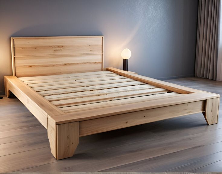 a bed with wooden headboard and foot board in a room next to a window