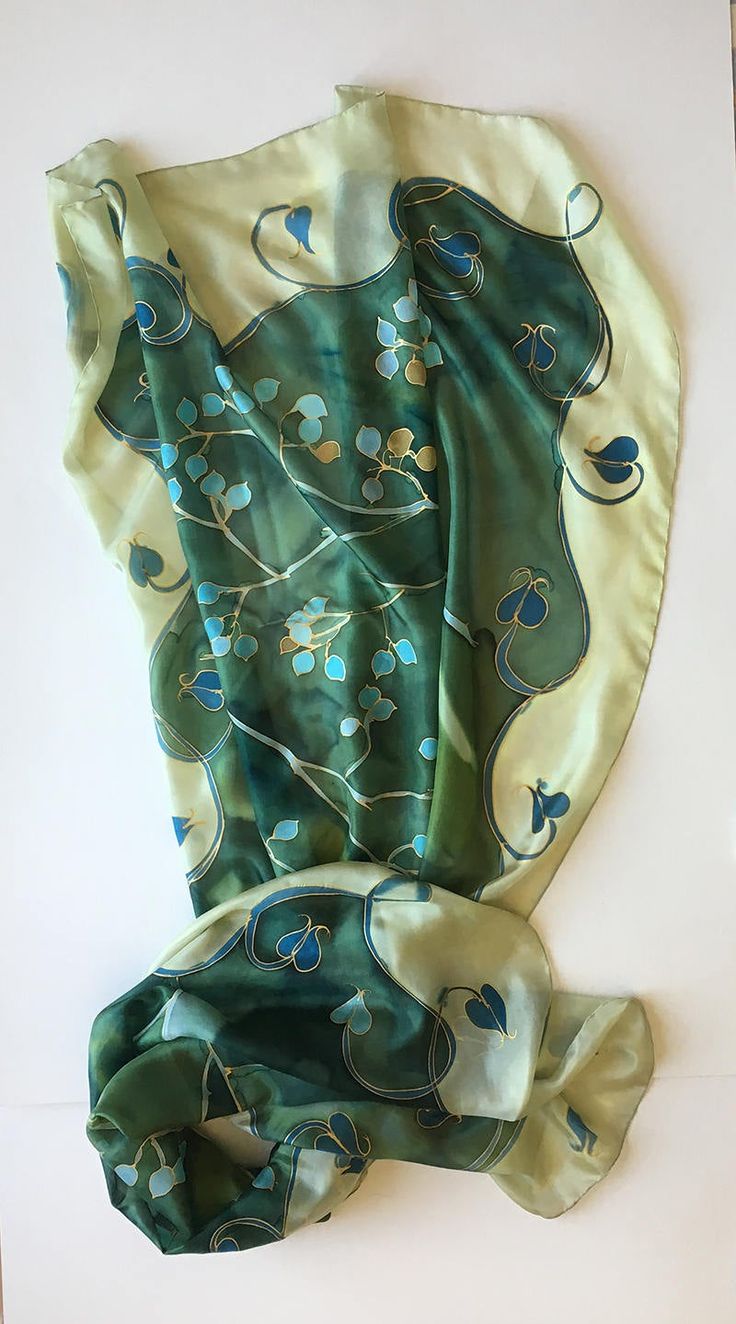 Green Silk Scarf hand painted. Mothers Day gift. Woman fashion wrap in green and aqua colours combo. Handpainted scarves. Art Deco shawl painted. Long Luxurious shawls. Unique handmade scarves. Silk painting, Evening shawl wrap. Garden Wedding accessory. Wedding accessory. Romantic wedding style. Botanical scarf. Olive green silk scarf with turquoise flowers painted in stylized composition. ♥This is a unique, hand painted silk scarf measuring 35 by 70 inches. Silk scarf painted on pure silk 6mm, Green Silk Shawl Scarf, Traditional Handmade Green Shawl, Green Bohemian Silk Shawl, Artistic Hand Painted Scarves For Gifts, Green Bohemian Silk Scarf For Gift, Green Bohemian Silk Scarf As Gift, Bohemian Green Silk Scarf As Gift, Green Silk Bohemian Scarves, Bohemian Green Silk Scarves