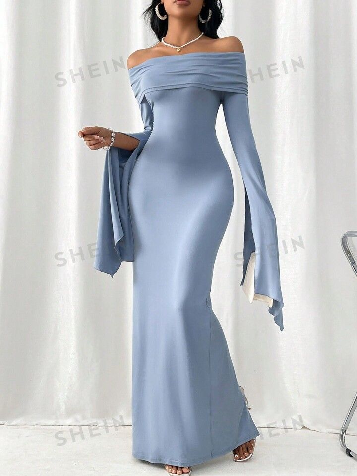 Teal Blue Party Collar Extra-Long Sleeve Fabric Plain Bodycon Embellished High Stretch  Women Clothing Bodycon Maxi Prom Dress, Formal Dresses Not Revealing, Off Shoulder Sleeve Dress, Off Shoulder Long Sleeve Dresses, Dresses With Off The Shoulder Sleeves, Black Off The Shoulder Maxi Dress, Modest Sheath Dress, Long Hoco Dresses With Sleeves, Dark Blue Classy Dress