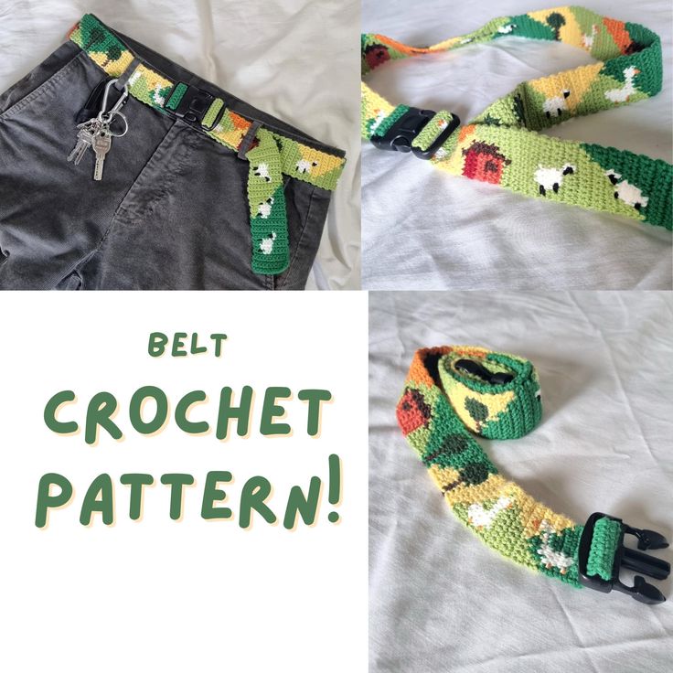 crochet pattern for belt with green and yellow flowers on the bottom, two pictures showing how to make it