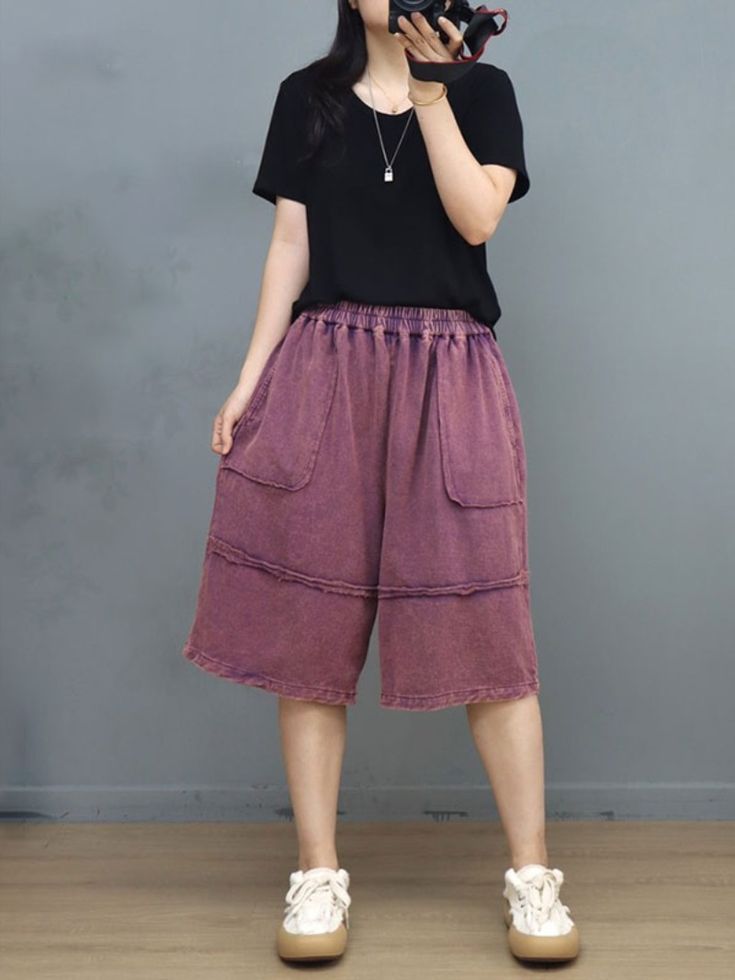 Style: Casual Material: Cotton Pattern: Solid Color Length: Half length Closure Type: Elastic Silhouette: Loose Gender: Female Season: Summer #cotton #BermudaShorts #shorts #Grape Coffee Black, Comfy Pants, Sweat Shorts, Style Mistakes, Denim Overalls, Jeans Jumpsuit, Summer Cotton, Linen Pants, Short Pants