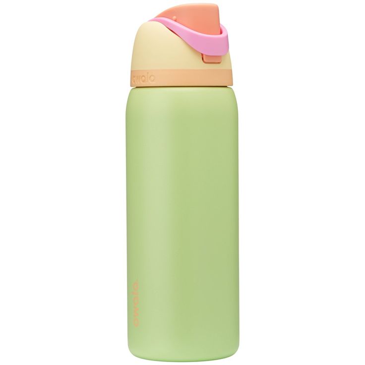 a green and pink water bottle on a white background