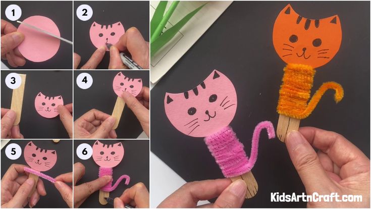 the instructions for how to make a cat puppet with yarn and wood dows are shown