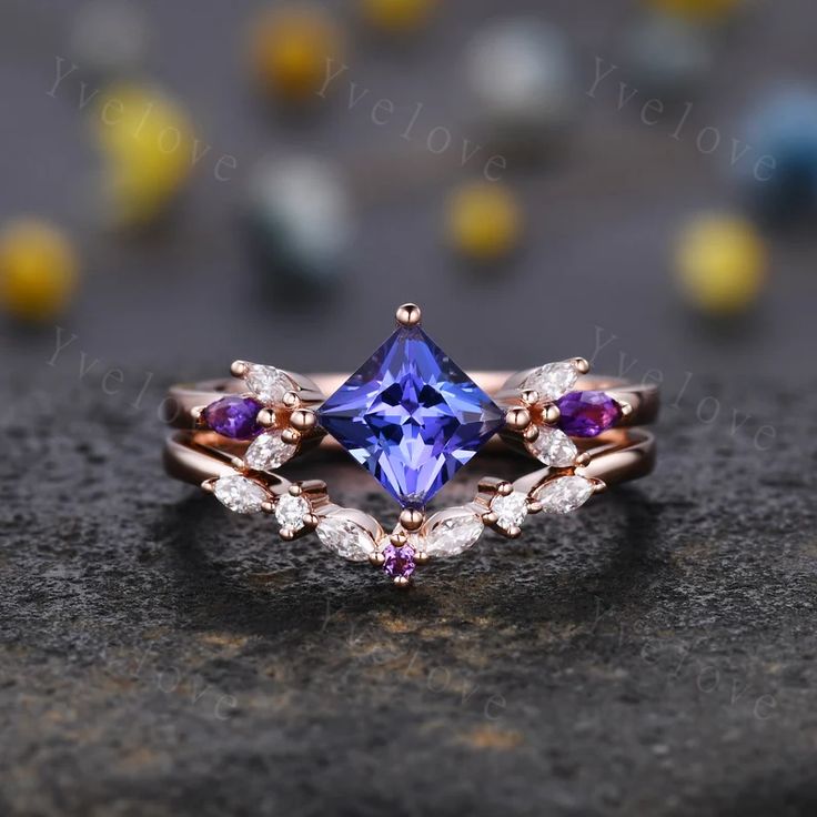 Vintage Princess Cut Tanzanite Engagement Ring Set Rose Gold - Etsy Tanzanite Ring Engagement, Alexandrite Rings, Amethyst Engagement Ring, Rose Gold Promise Ring, Tanzanite Engagement Ring, Cute Engagement Rings, Future Engagement Rings, Princess Ring, Alexandrite Ring