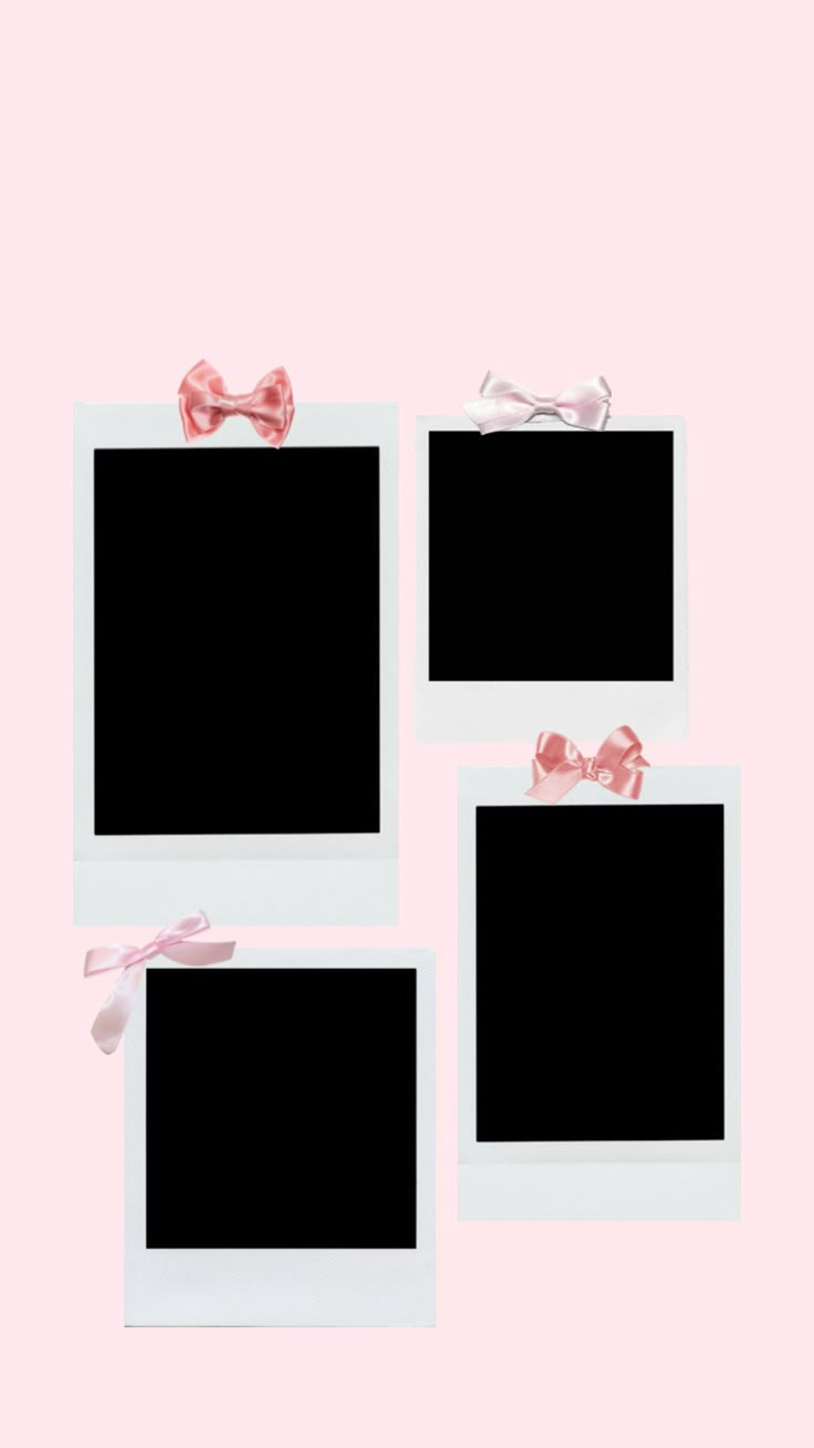 three polaroid frames with bows on them against a pink background