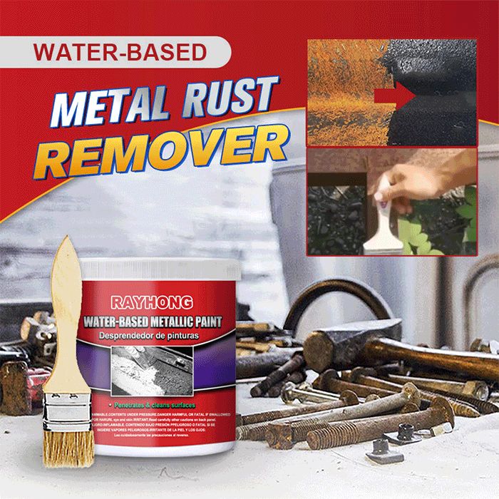 a can of metal rust remover next to some tools