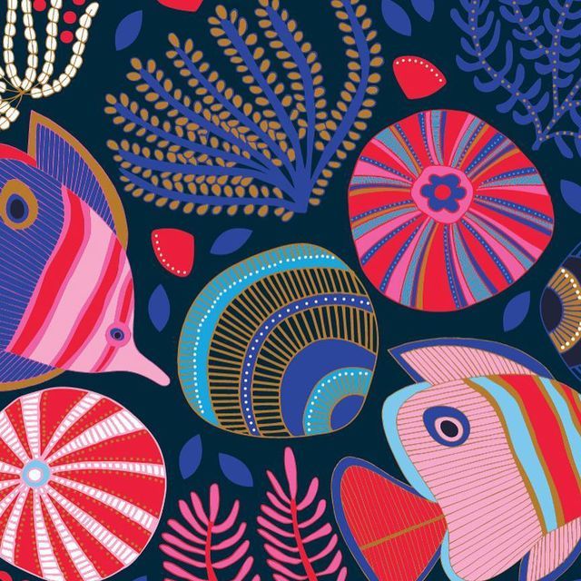 an image of colorful fish and plants on a blue background with red, white, and pink colors