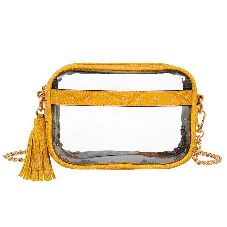 This stylish transparent Natalia crossbody bag by Mellow World features a detachable crossbody strap. This stylish transparent Natalia crossbody bag by Mellow World features a detachable crossbody strap. 5.5"H x 7.5"W x 2"D Crossbody strap length: 21.5" Zipper closure Gold-tone hardware Exterior: 1 slip pocket, tassel accentCONSTRUCTION & CARE PU and PVC Spot clean Imported WARNING: This product can expose you to chemicals including Lead, Butyl benzyl phthalate (BBP)d, Di-n-butyl phthalate ( Clear Crossbody Shoulder Bag With Detachable Strap, Clear Shoulder Bag With Detachable Strap For Travel, Clear Crossbody Bag With Adjustable Strap, Clear Crossbody Shoulder Bag With Zipper, Clear Crossbody Shoulder Bag With Zipper Closure, Gold Crossbody Shoulder Bag With Clear Strap, Yellow Python, Accessories Guide, Crossbody Strap