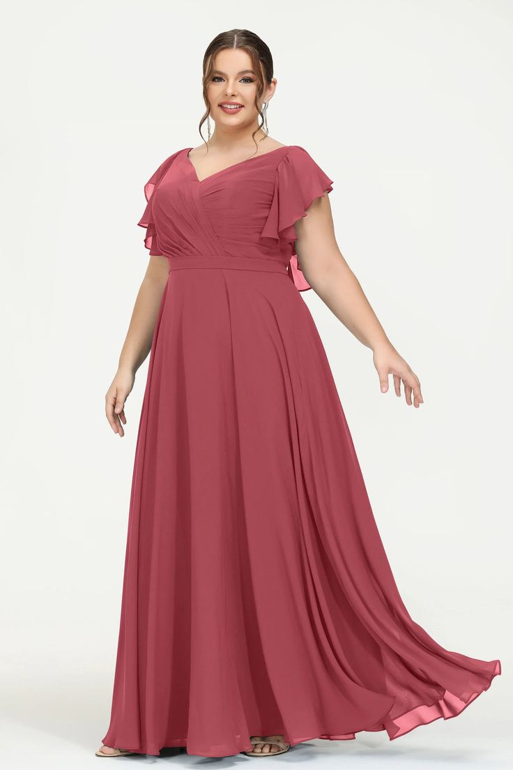 V Neck Flutter Sleeves Floor Length Dress With Ruffles – DUNTERY V-neck Ruched Maxi Dress For Wedding, Flowy V-neck Dresses For Gala, Flowy Maxi-length V-neck Dress For Formal Occasions, Chiffon Evening Dress With Short Sleeves, Short Sleeve Chiffon Evening Dress, Elegant Formal V-neck Dress With Ruffles, Elegant Flowy V-neck Dress, Flowy V-neck Formal Dress, Formal Flowy V-neck Dress