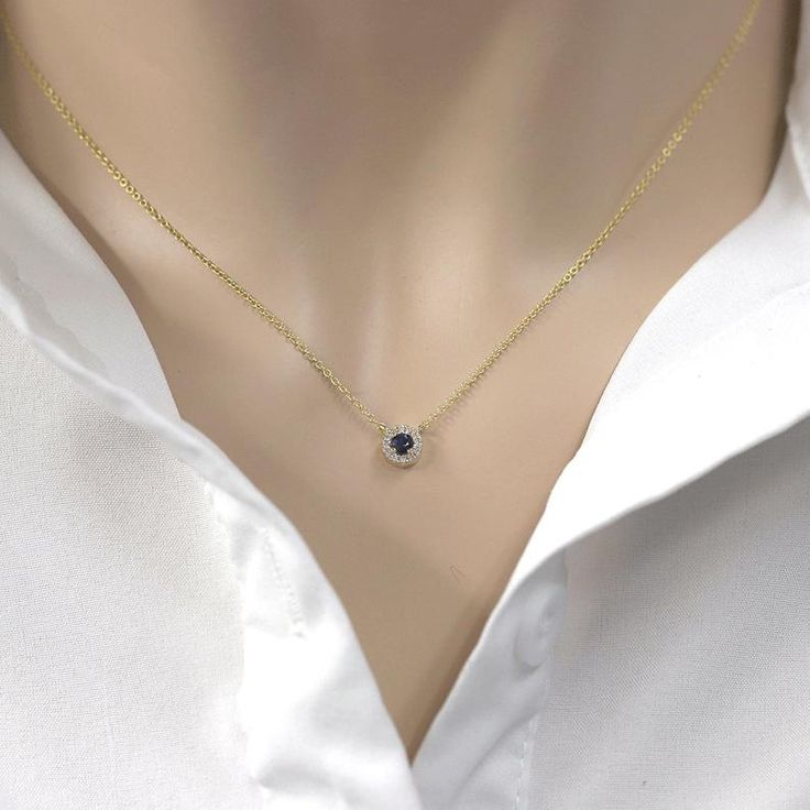 Diamond Necklace.Sapphire with Diamond Halo Necklace Dainty | Etsy Classic Blue Diamond Necklace With Diamond Cut, Classic Blue Diamond Necklace With 17 Jewels, Classic Blue Diamond Cut Diamond Necklace, Classic Blue Diamond Cut Necklace, Formal Blue Diamond Gemstone Necklace, Formal Blue Gemstone Diamond Necklace, Blue Diamond Cut Necklace In Fine Jewelry Style, Blue Diamond Cut Fine Jewelry Necklace, Formal Yellow Gold Necklace With Birthstone