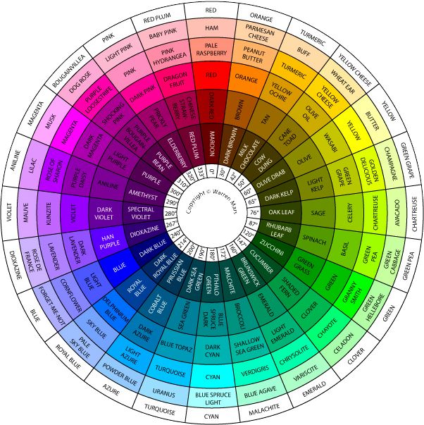 a color wheel with the names of different colors in each section, including red, yellow, green, blue, and purple