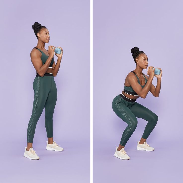 a woman doing squats with dumbbells in front of her and back to the camera