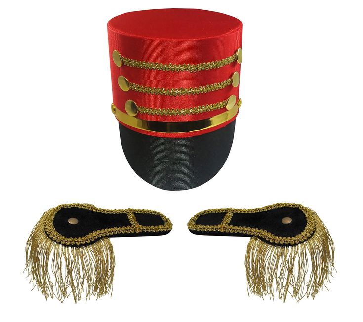 a red hat with gold trim and two matching masks