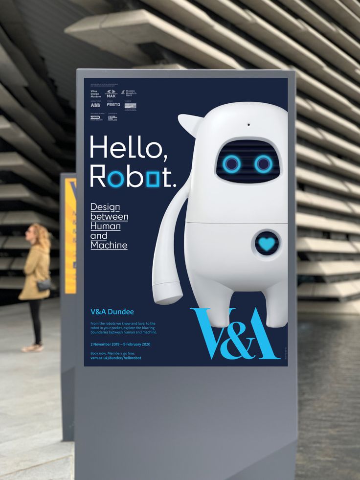 an advertisement for a robot is displayed in front of a building with people walking by