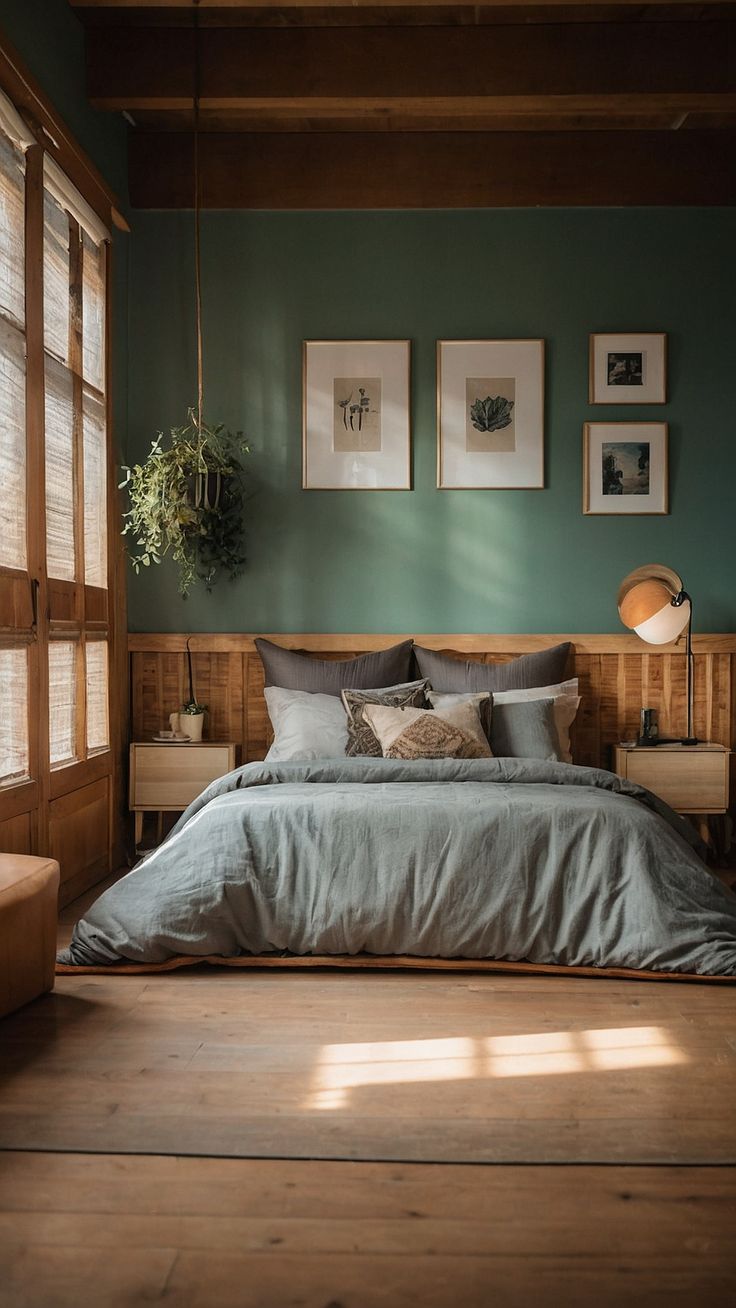 a bedroom with green walls and wooden floors