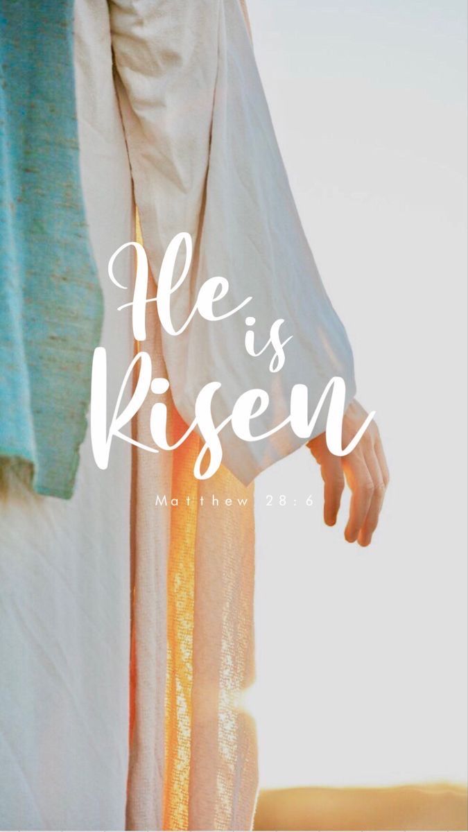 he is risen written in white over a photo of the back of a woman's dress