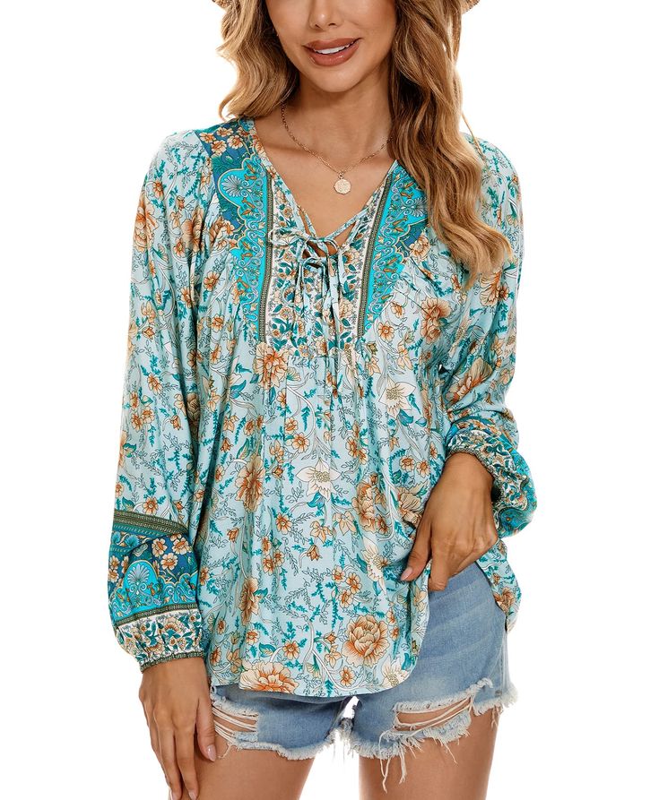 PRICES MAY VARY. Material: The floral boho top made with 100% Rayon. Super soft against the skin, lightweight, cool and comfortable. Not see-through. Bohemian Blouse: V Neckline with Lace up Tie Neck ,Puff Long Sleeve with Elastic Cuffs, Summer Boho Floral Print, Loose Fit Design. Casual Tunic Top: Self-Tie Neck and Pleats provide more space for the chest, pullover style with loose fit shape to suit most people. Great with shorts, pants, leggings or jeans and so on. Flowy Boho Tops: Perfect for Bohemian V-neck Blouse With Boho Print, Bohemian V-neck Top With Boho Print, Casual Tie Neck Top For Vacation, Summer Bohemian V-neck Blouse, Summer Printed Tie Neck Tops, Summer Beach Blouse With Tie Neck, Bohemian Rayon Top With Boho Print, Printed Tie Neck Tops For Summer, Bohemian Boho Print Rayon Tops