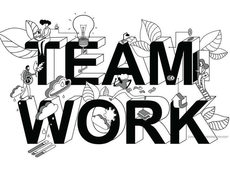 the word team work is surrounded by doodles and other things in black and white