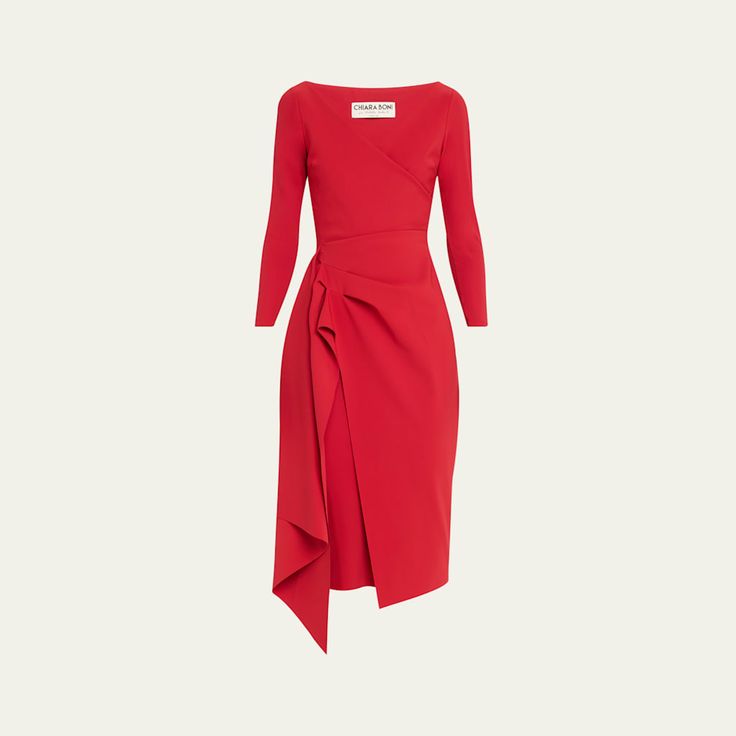 Chiara Boni La Petite Robe "Ellia" dress with gathered pleats and side drape Approx. 44"L from shoulders to hem Raw-edged hem for ease of tailoring Surplice neckline 3/4 sleeves Hem hits around the knee Bodycon silhouette Slipover style Nylon/polyamide/elastane Machine wash cold Made in Italy Fitted Pre-draped Asymmetrical Dress With Ruched Detail, Formal Pleated Dress With Asymmetrical Neckline, Pre-draped Formal Dress With Folds, Formal Pre-draped Dress With Folds, Fitted Asymmetrical Cocktail Dress With Ruched Bodice, Fitted Midi Dress With Draped Sleeves And Asymmetrical Hem, Asymmetrical Hem Pleated Formal Dress, Fitted Gala Dress With Folds, Formal Pleated Dress With Asymmetrical Hem