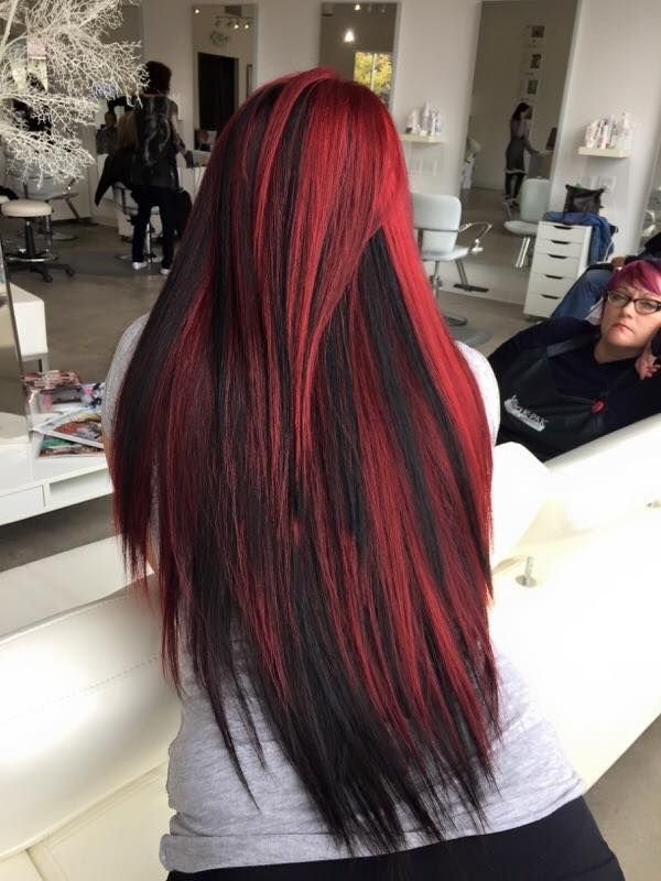 Red Chunky Highlights On Black Hair, Red Hair Black Lowlights, Hair Color Ideas For Brunettes Edgy, Red Hair With Black Underneath, Red And Black Hair Ideas, Red And Black Hair Color, Black And Red Hair, Red Hair Color Ideas, Anime Red Hair