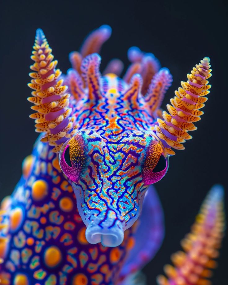 a close up of a blue and yellow animal with orange spots on it's face