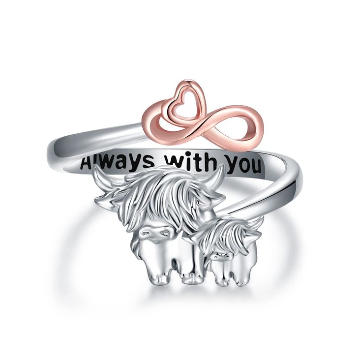 PRICES MAY VARY. Design: This ring is inspired by a highland cow. Highland cows are powerful symbols of Fertility、Nurturing、Understanding、Commitment and Gentleness. Mother-child highland cow ring: The highland cow mother-child ring is engraved meaningful message "Always with you". The heart infinity symbol represents the love between mother and child is eternal. Ideal gift for your loved one. Perfect Jewelry Gift: Perfect gift for wife, daughters, sister, friends, granddaughter, or mother on valentine's day, mother's day, anniversary, birthday, or Christmas. Material: The highland cow ring is made of 925 sterling silver. Does not contain any allergic element, and is lead-free, nickel-free, cadmium-free, and hypoallergenic. Size: The size of the highland cow ring is size US 8#, The size can Whimsical Sterling Silver Ring For Gift, Whimsical Sterling Silver Rings For Gifts, Whimsical Sterling Silver Ring As Gift, Whimsical Sterling Silver Ring Gift, Silver Rings For Valentine's Day Birthday Gift, Silver Rings For Birthday And Valentine's Day, Mother's Day Sterling Silver Rings As Gift, White Gold Rings For Valentine's Day Birthday, White Gold Rings For Birthday And Valentine's Day