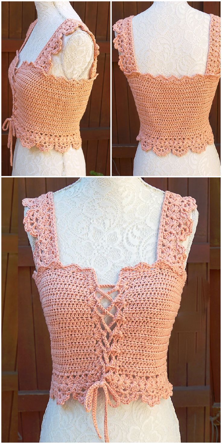 three different views of a woman's top with crochet