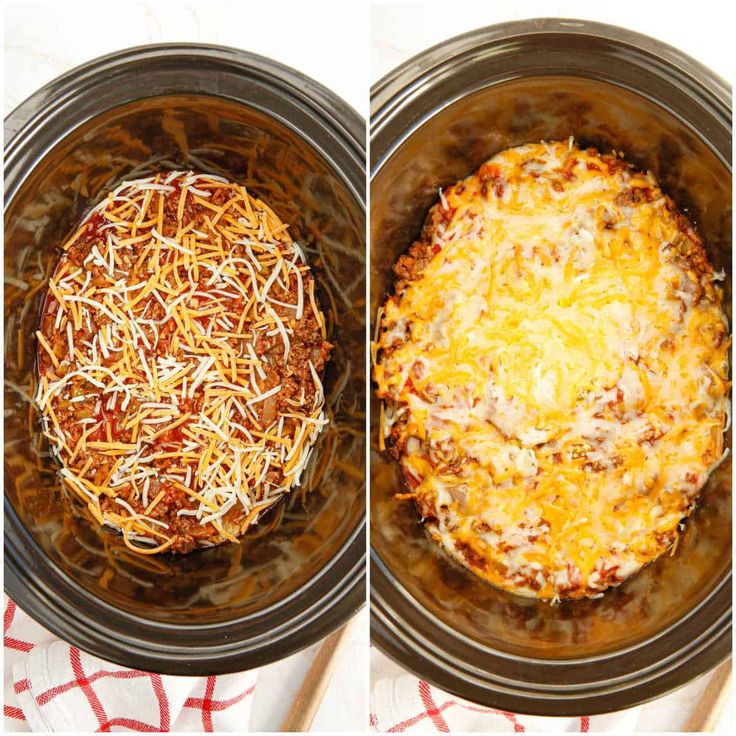 two pictures showing the process of making an enchilada casserole in crock pot