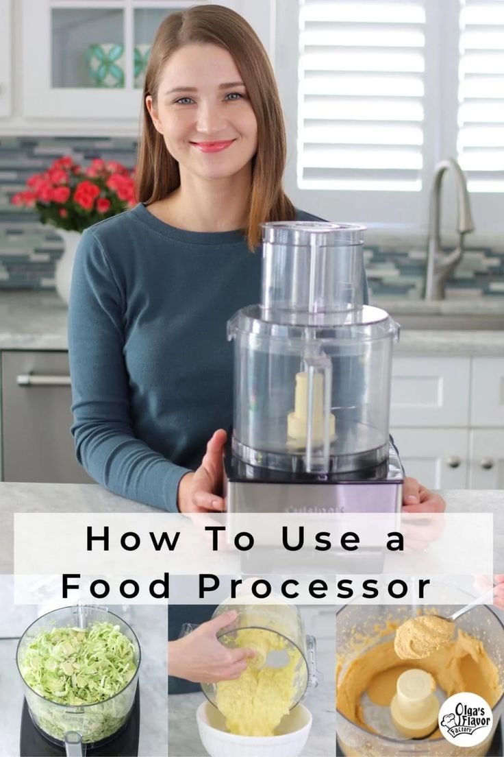 a woman holding a food processor in front of her face with the words how to use a food processor