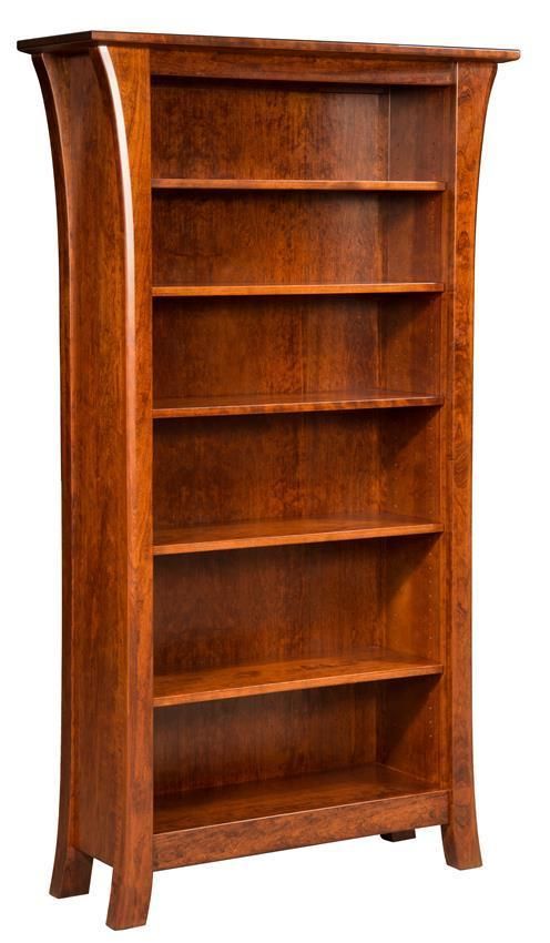 a wooden bookcase with three shelves on each side