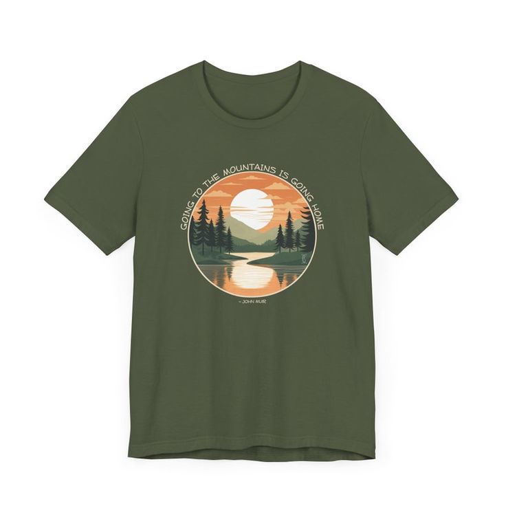 Going Home Mountain Sunset T-Shirt for the Adventure Outdoor Nature Enthusiast Unisex Short Sleeve Tee image 1 Green Graphic Tee For Outdoor, Green Graphic Print T-shirt For Camping, Green T-shirt For Outdoor Activities, Green Graphic Tee For Outdoor Activities, Outdoor Green T-shirt With Graphic Print, Green Graphic Print Outdoor T-shirt, Green Graphic Print T-shirt For Outdoor, Green Printed T-shirt For Outdoor Activities, Outdoor Graphic Tee With Front Print